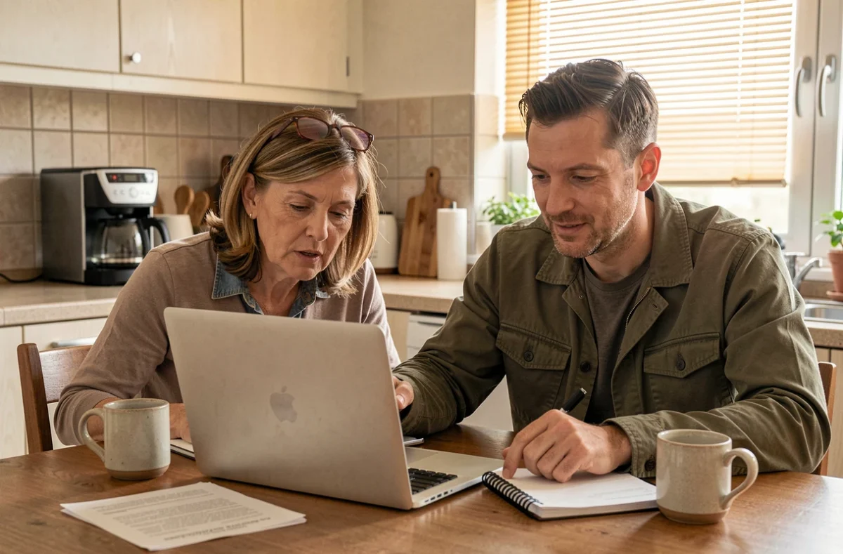 Deux adultes en reconversion collaborant sur une formation en ligne autour d'un ordinateur portable à la maison