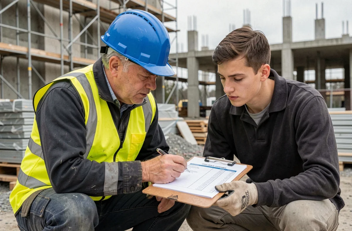 Agent de sécurité et jeune ouvrier examinant une liste de contrôle de prévention des risques sur un chantier de construction