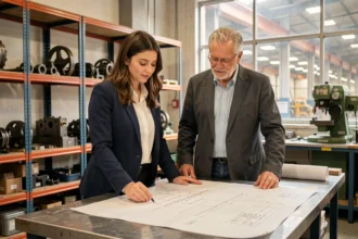 Jeune femme en alternance examinant des plans techniques avec un mentor dans un atelier industriel professionnel