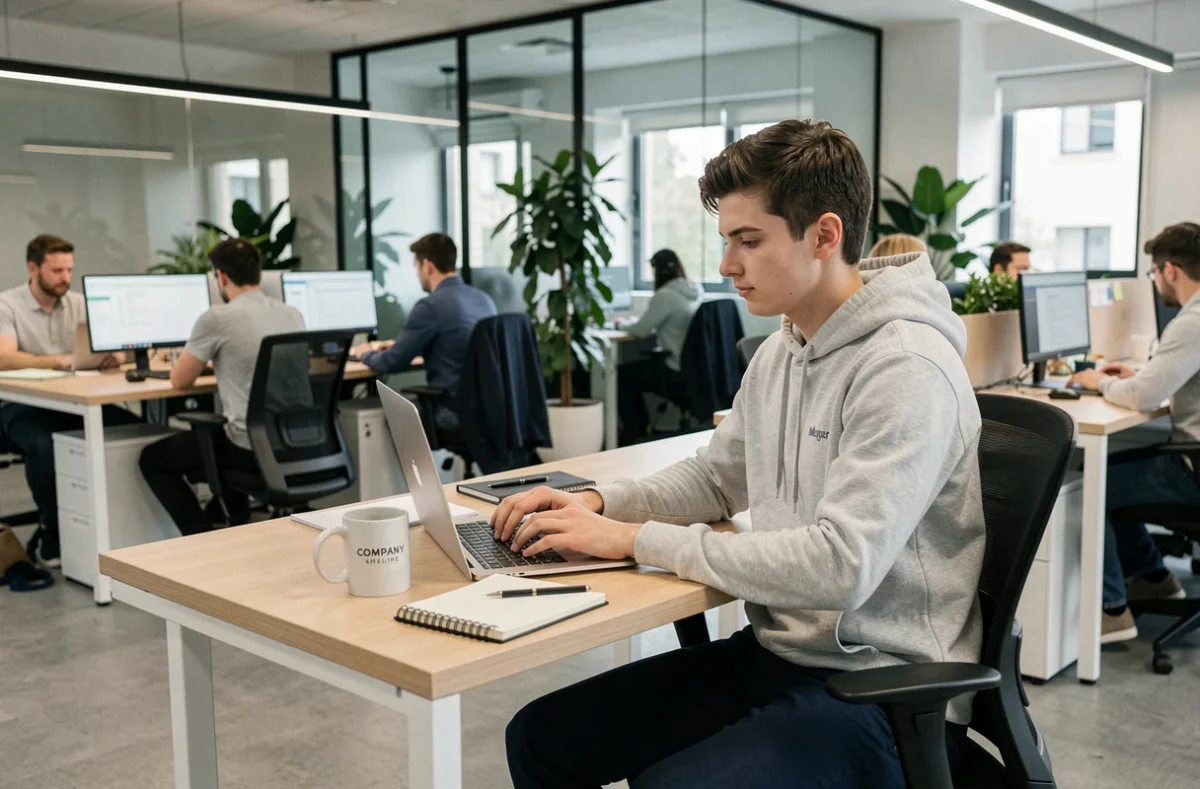 Jeune homme en contrat d'apprentissage travaillant sur un ordinateur portable dans un bureau moderne en open space