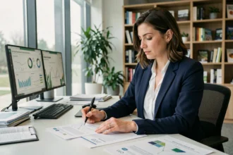 Analyste ESG femme professionnelle examinant des rapports de durabilité dans un bureau moderne