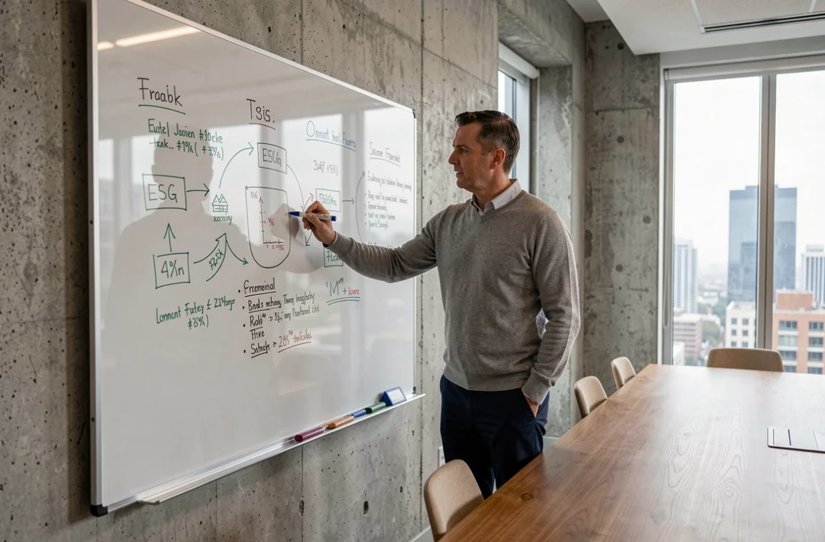 Analyste ESG présentant des indicateurs de durabilité sur un tableau blanc dans une salle de réunion