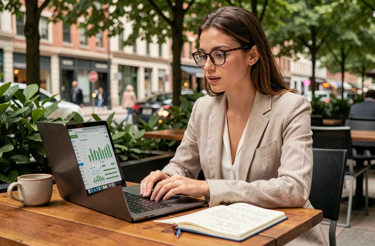 Jeune analyste ESG travaillant sur un ordinateur portable en terrasse urbaine avec des données de durabilité
