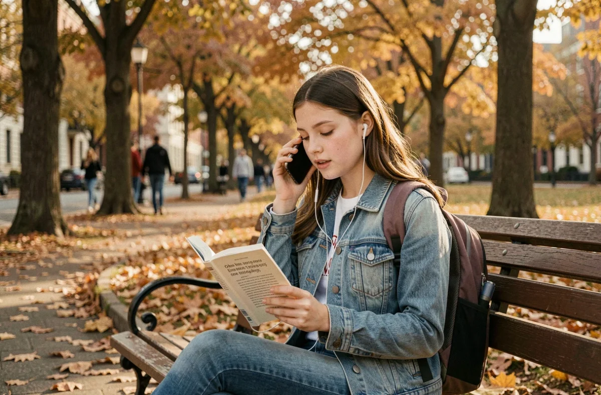 Adolescente qui apprend l'anglais seule dans un parc en automne en écoutant un podcast et en lisant un roman