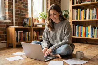 Jeune femme apprenant l'anglais seule avec un ordinateur portable et des notes manuscrites dans un appartement chaleureux