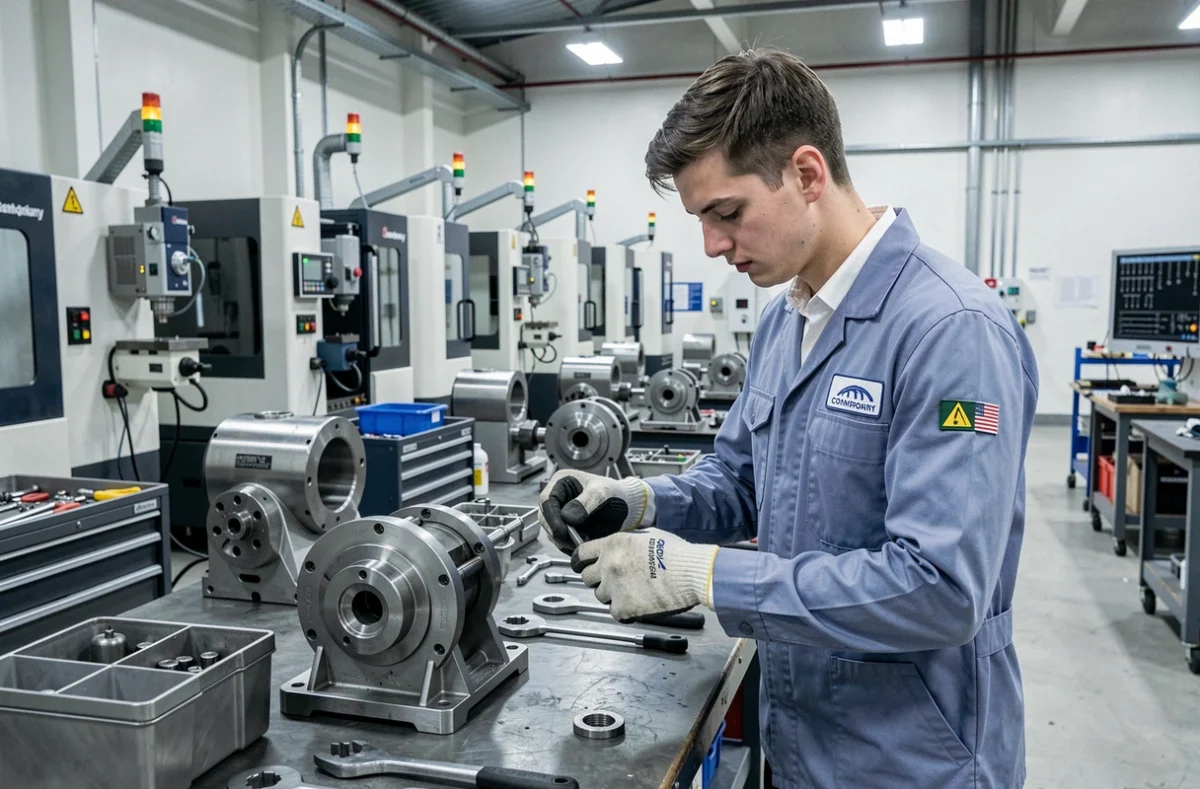 Apprenti en alternance dans un atelier industriel assemblant des pièces mécaniques, représentant la formation en entreprise