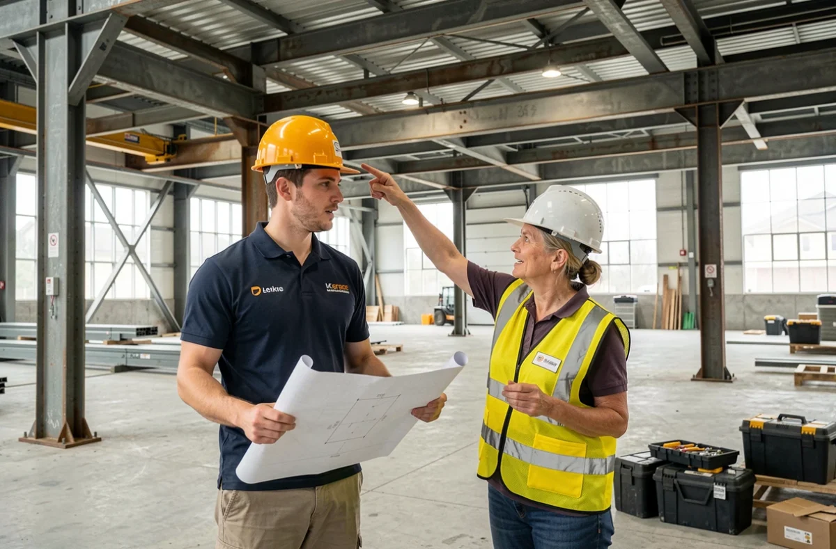 Apprenti en alternance sur un chantier industriel étudiant des plans avec une ingénieure