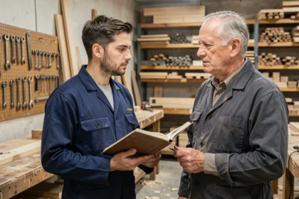 Apprenti en formation professionnelle dans un atelier artisanal avec un maître formateur, illustrant la réforme de l'apprentissage