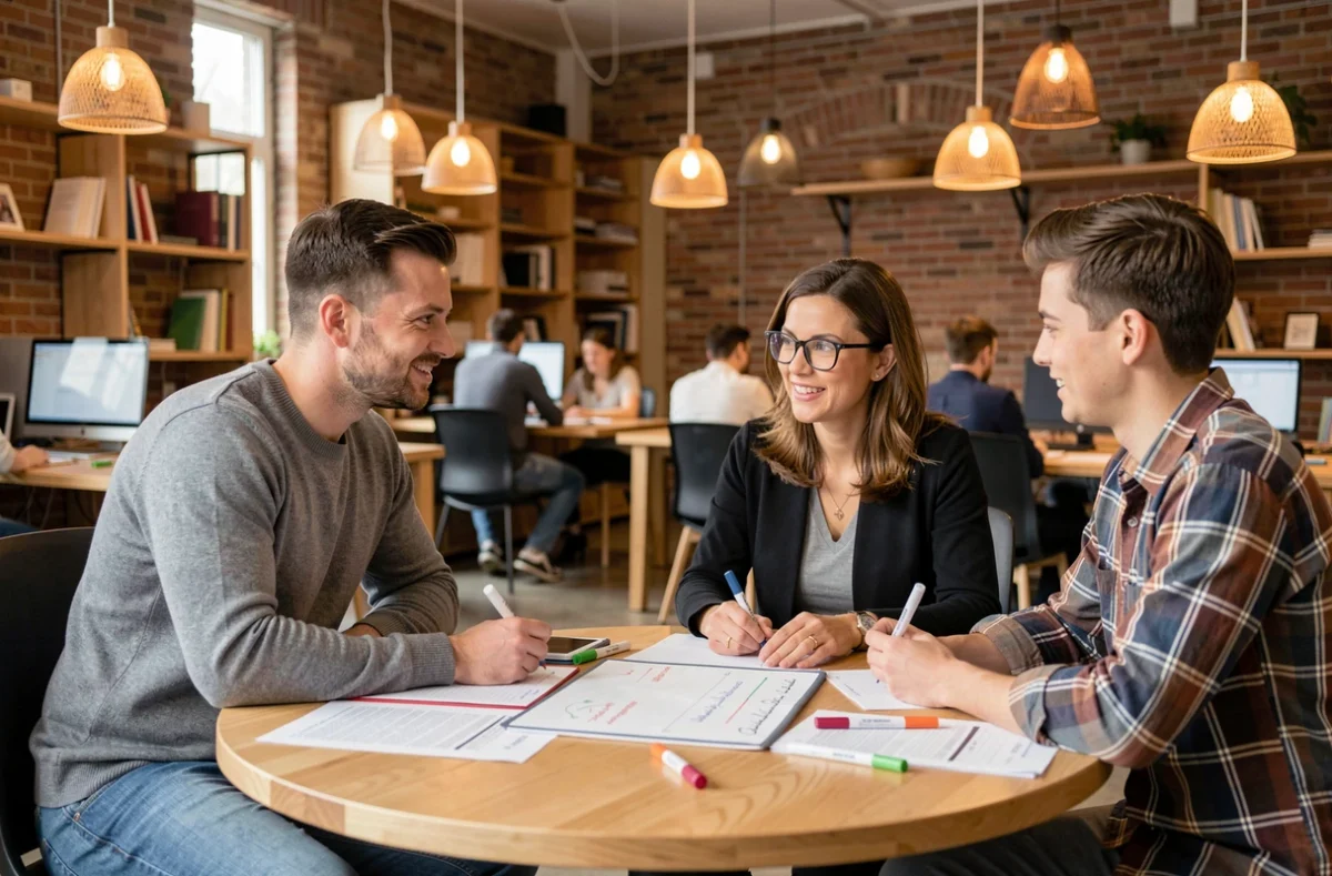 Groupe de professionnels en atelier collaboratif sur les compétences comportementales dans un espace de coworking