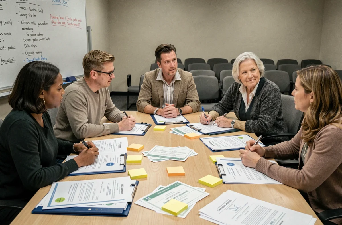 Groupe de professionnels participant à un atelier de validation des acquis de l'expérience dans un centre de formation