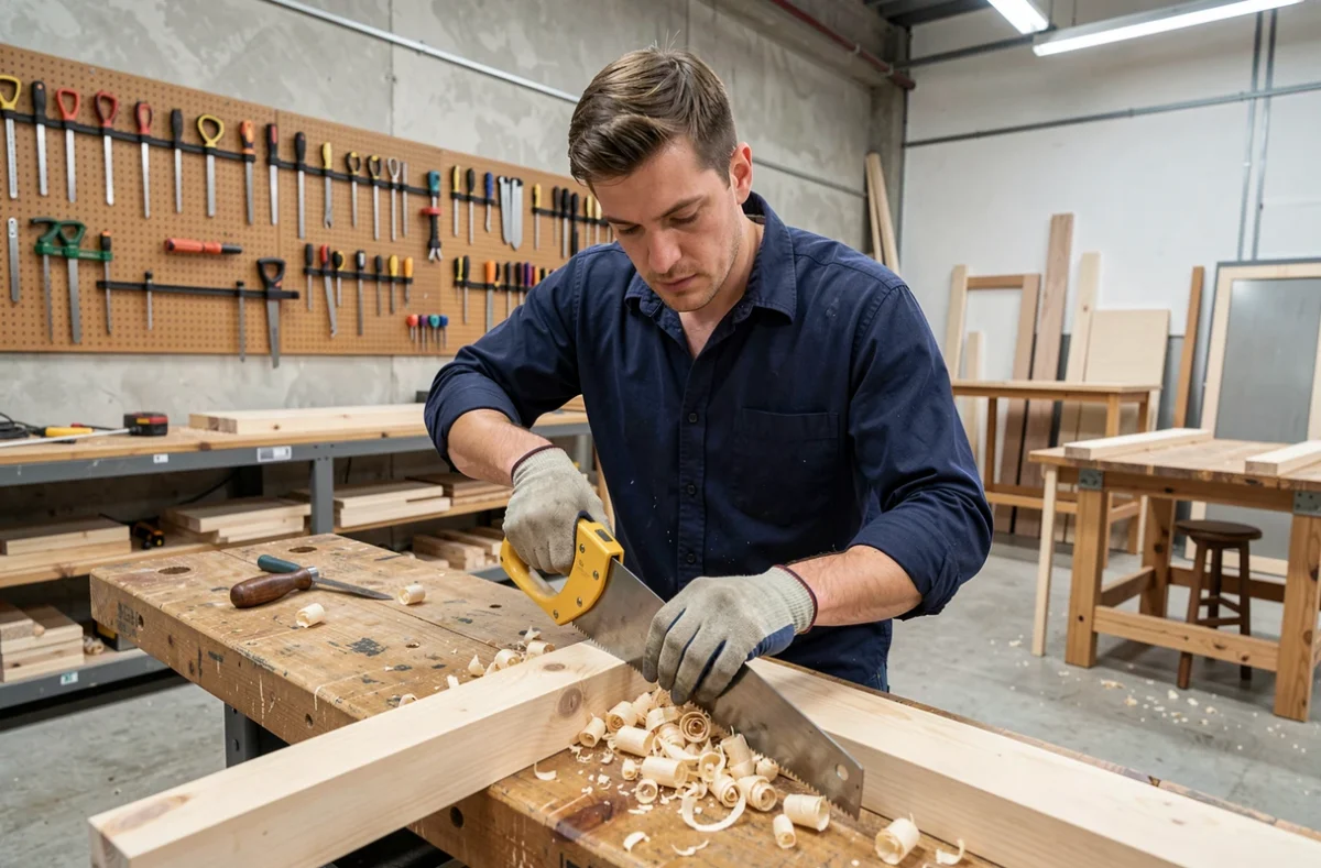 Charpentier travaillant le bois dans un atelier de menuiserie professionnelle, formation aux métiers manuels