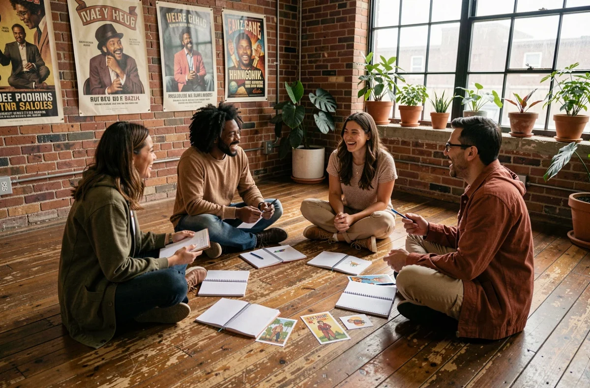 Groupe d'adultes participant à un atelier de narration communautaire dans un centre culturel, symbolisant l'apport de la culture au développement collectif