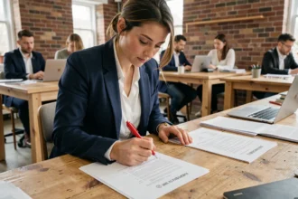 Femme en atelier de rédaction de CV annotant son document avec un stylo rouge dans un espace de coworking moderne