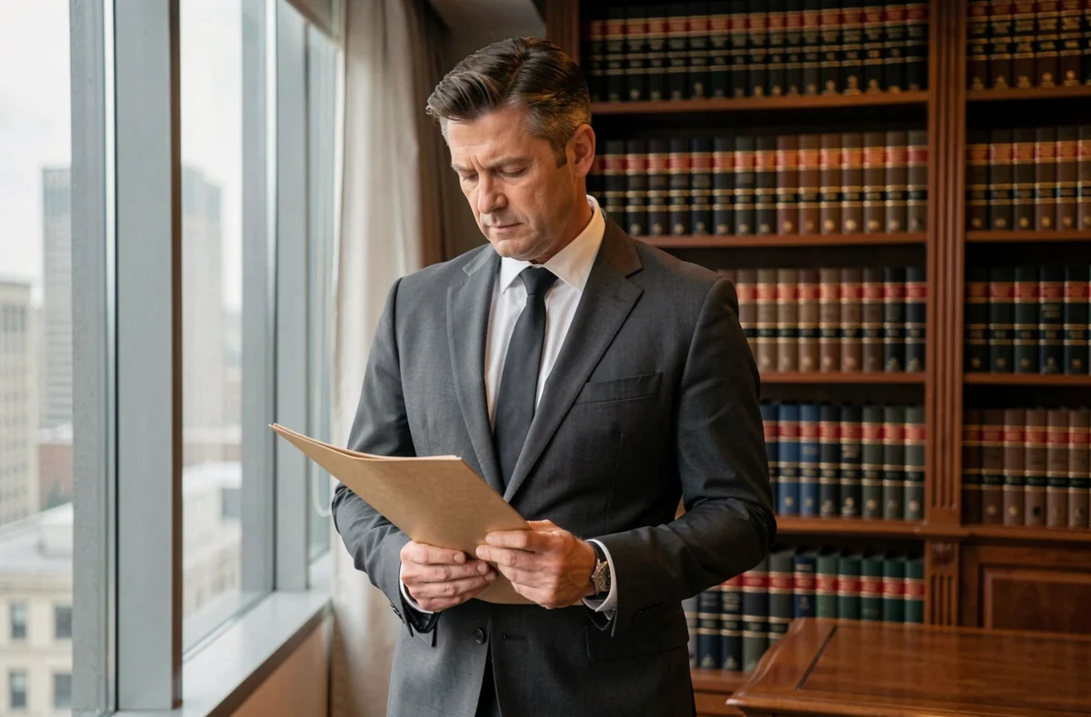 Avocat spécialisé en commerce international consultant un dossier dans son bureau juridique