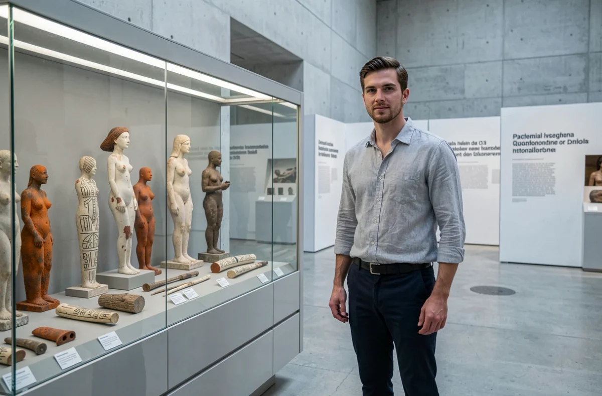 Professeur d'histoire de l'art devant des figurines paléolithiques dans un musée, illustrant les origines de l'art