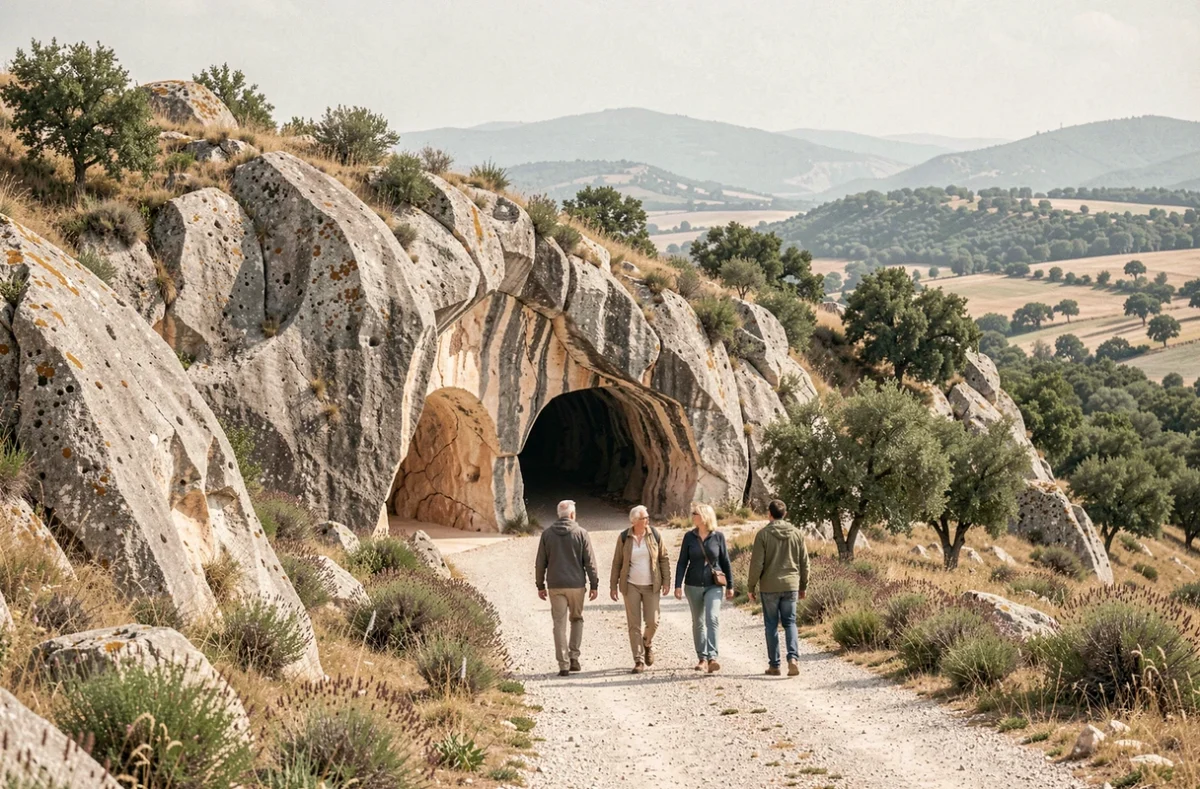 Visiteurs devant la grotte Chauvet reconstituée en Ardèche, site majeur du berceau de l'art préhistorique