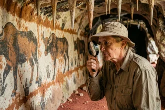 Archéologue examinant des peintures rupestres préhistoriques dans une grotte de la Dordogne, berceau de l'art humain