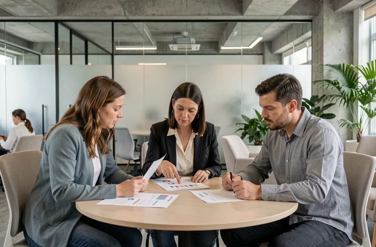 Un groupe de salariés participant à un atelier collectif de bilan de compétences dans un espace de coworking