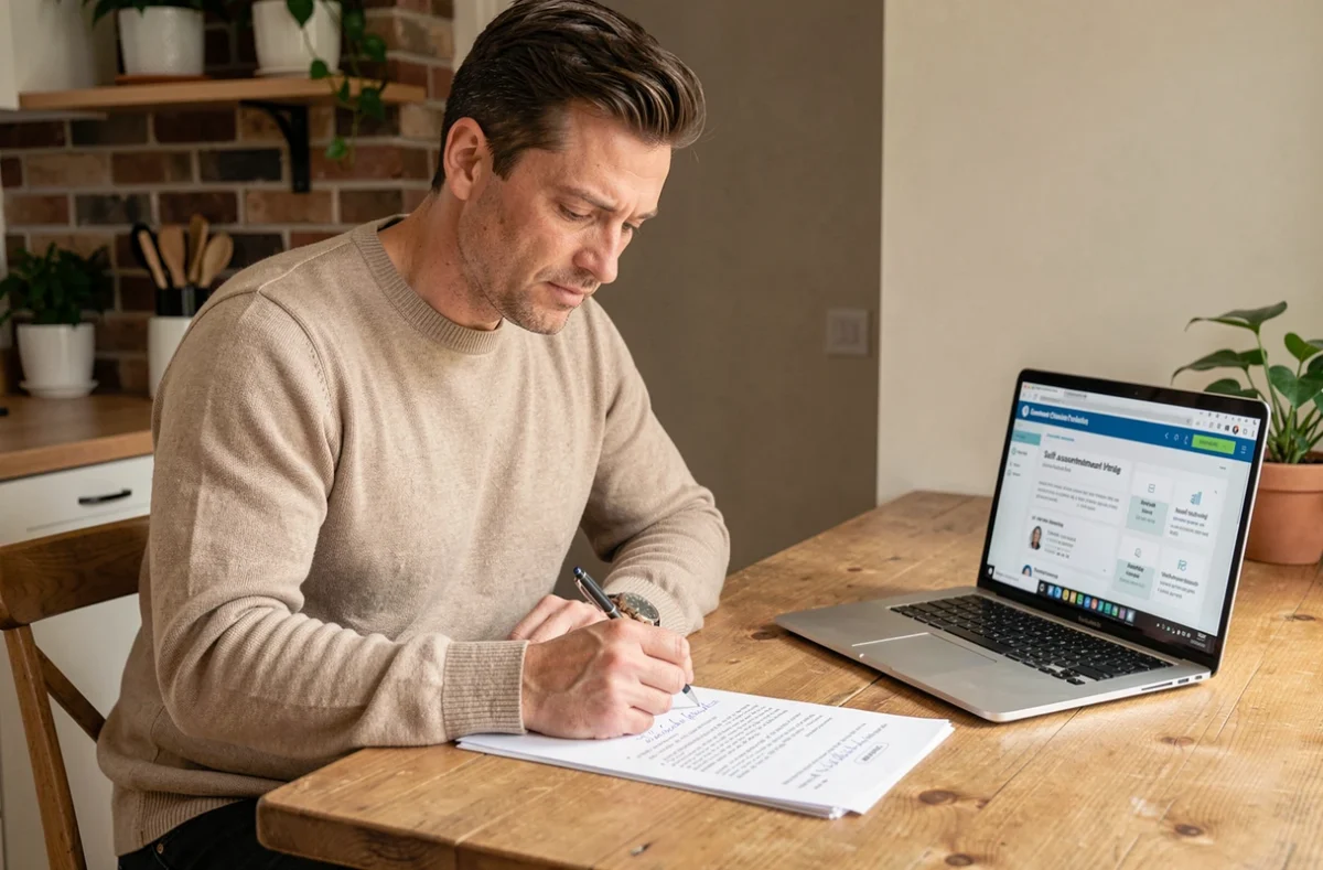Un homme réalisant son bilan de compétences en autonomie depuis son domicile avec un questionnaire papier et un ordinateur portable