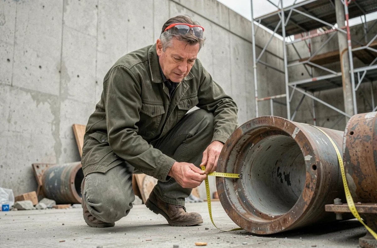 Ouvrier mesurant le diamètre d'un grand tuyau industriel avec un mètre ruban sur un chantier en béton