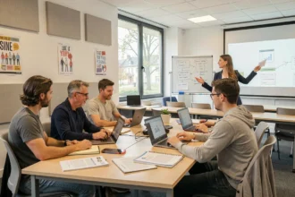 Groupe d'apprenants adultes en session de formation professionnelle dans un centre de formation moderne du Val-d'Oise