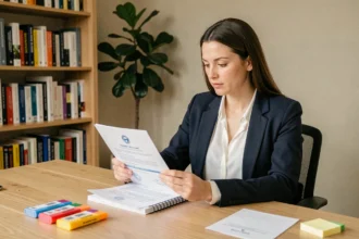 Femme professionnelle étudiant des documents de certification coaching reconnue par l'État à son bureau