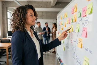 Femme cheffe de projet facilitant une réunion d'équipe devant un tableau blanc avec des notes et diagrammes, illustrant les soft skills en gestion de projet