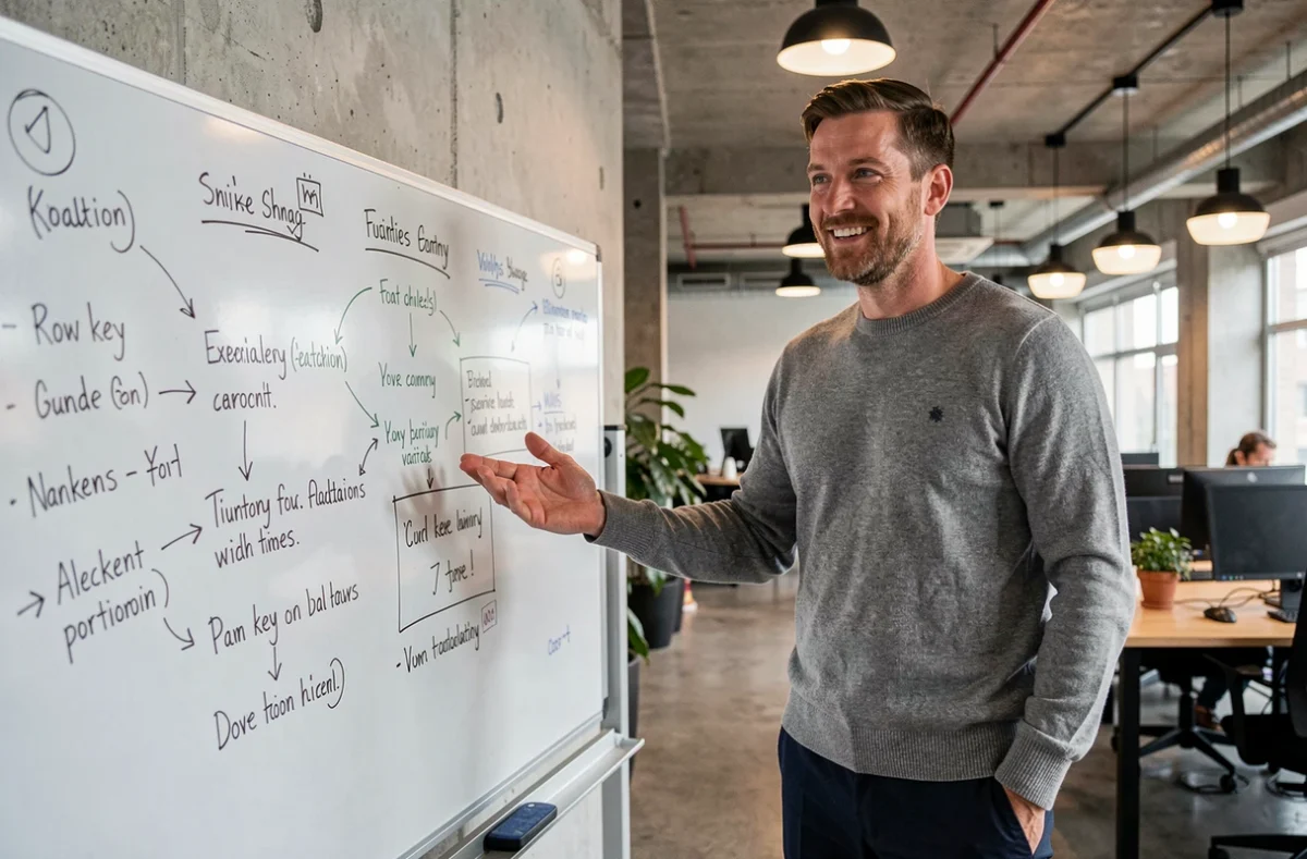 Coach masculin présentant les bases du coaching sur un tableau blanc dans un espace de coworking