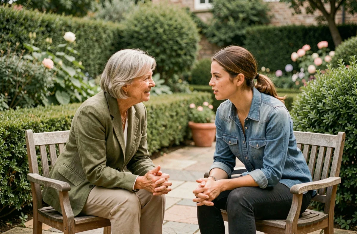 Deux femmes en séance de coaching en plein air dans une cour jardinée, illustrant une relation coach-coaché