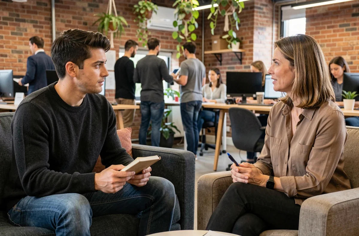 Un jeune homme prenant des notes lors d'une séance de coaching informelle dans un espace de co-working moderne