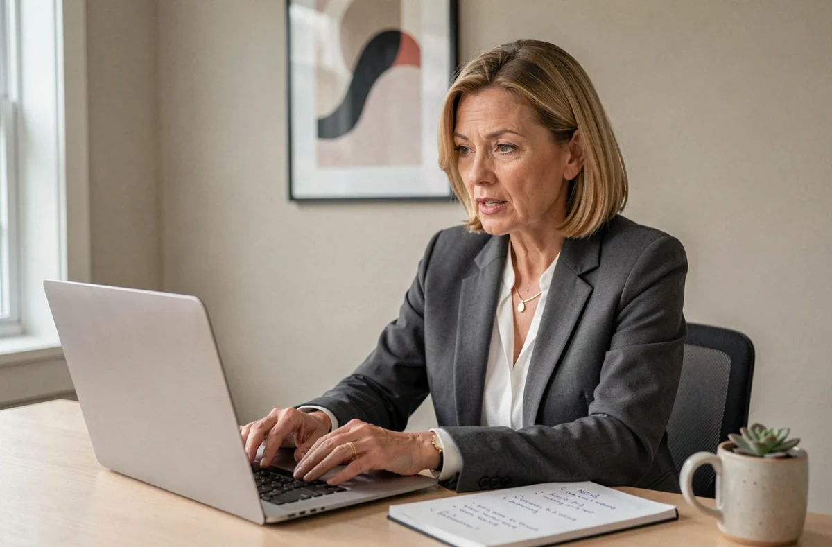 Une femme posant des questions à son coach lors d'une séance de coaching en ligne depuis son bureau à domicile