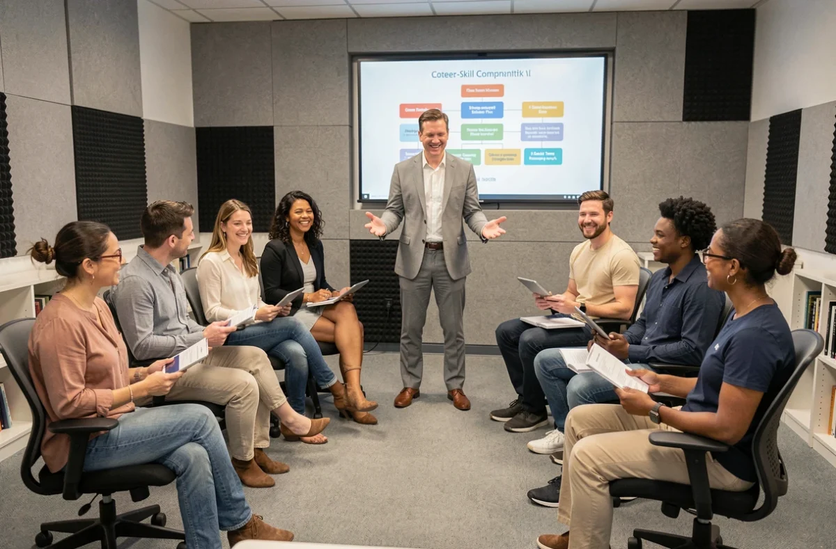 Cohorte de professionnels adultes participant à un exercice de jeu de rôle sur les soft skills animé par un formateur
