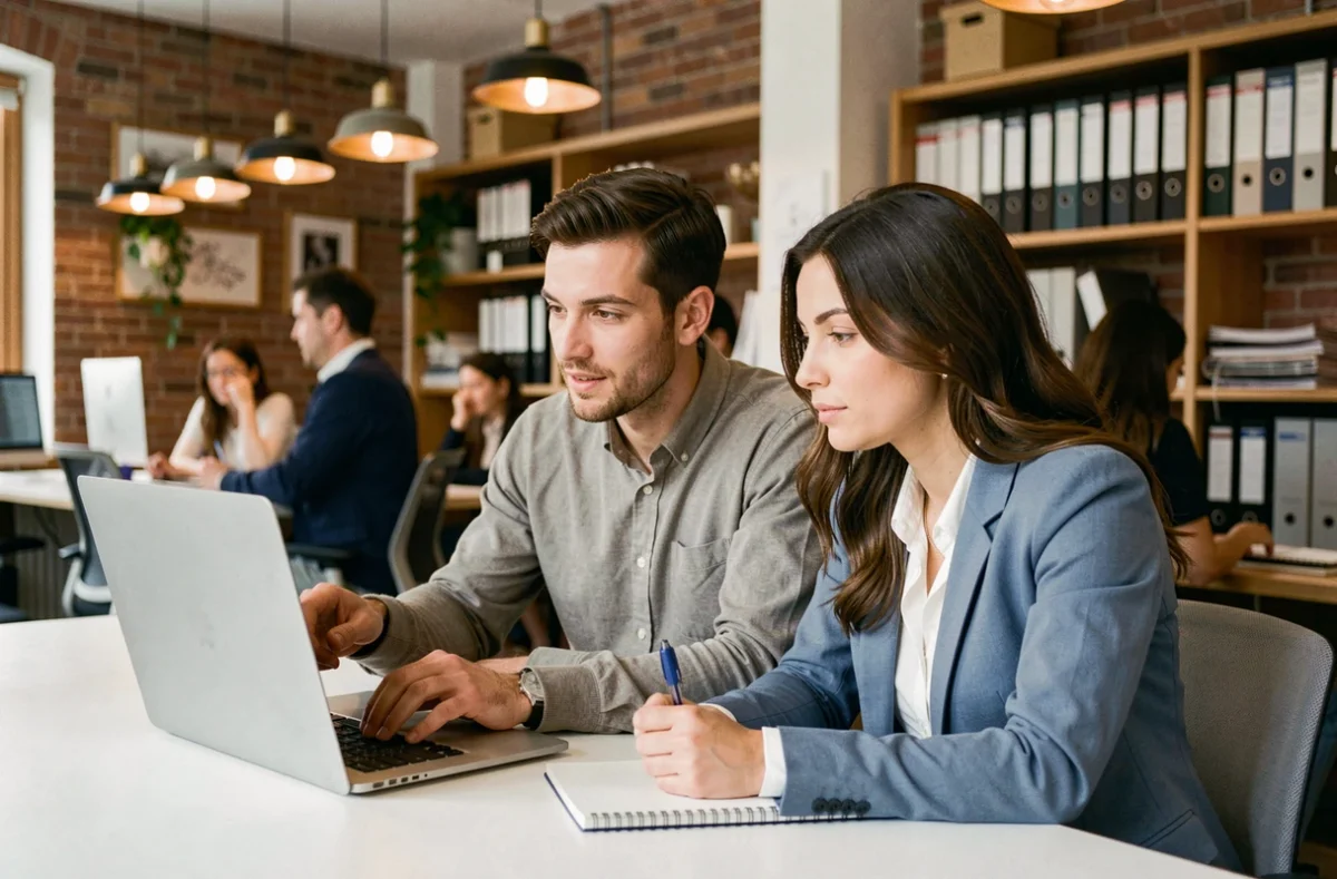 Deux collègues collaborant devant un ordinateur portable dans un espace de coworking, illustrant la communication interpersonnelle au travail