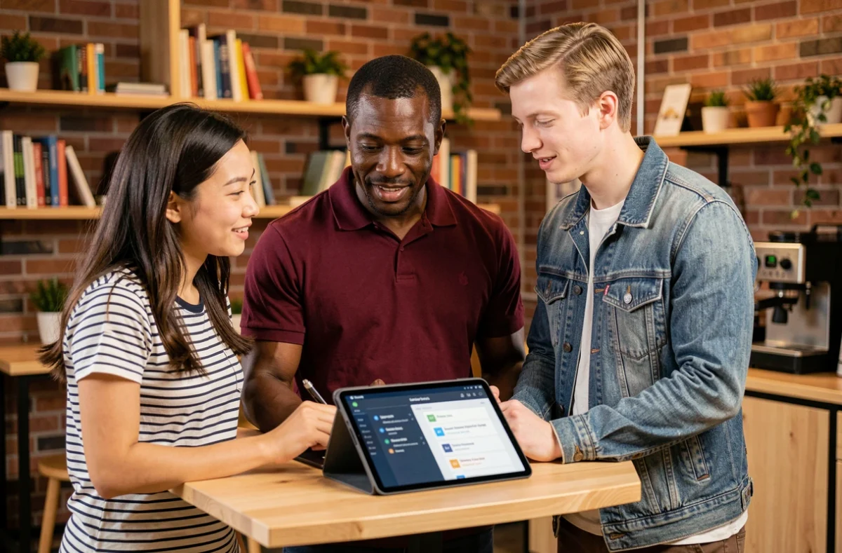 Un groupe de collègues de profils variés collaborant autour d'une tablette sur une plateforme d'apprentissage personnalisée par intelligence artificielle dans un espace de travail informel
