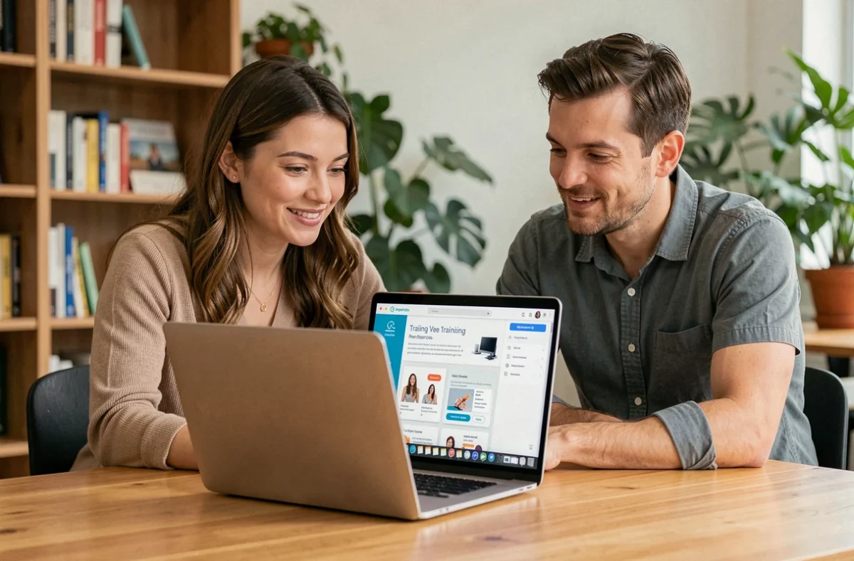 Deux collègues collaborant sur une plateforme de formation en ligne dans un espace de coworking chaleureux