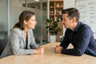 Deux professionnels en conversation active dans un bureau moderne, illustrant les principes d'écoute et de communication efficace