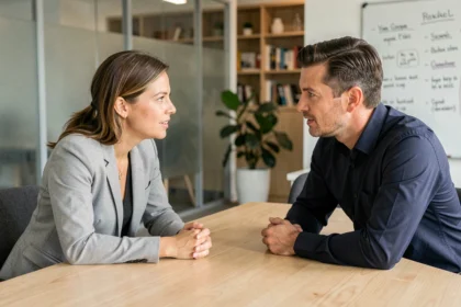 Deux professionnels en conversation active dans un bureau moderne, illustrant les principes d'écoute et de communication efficace