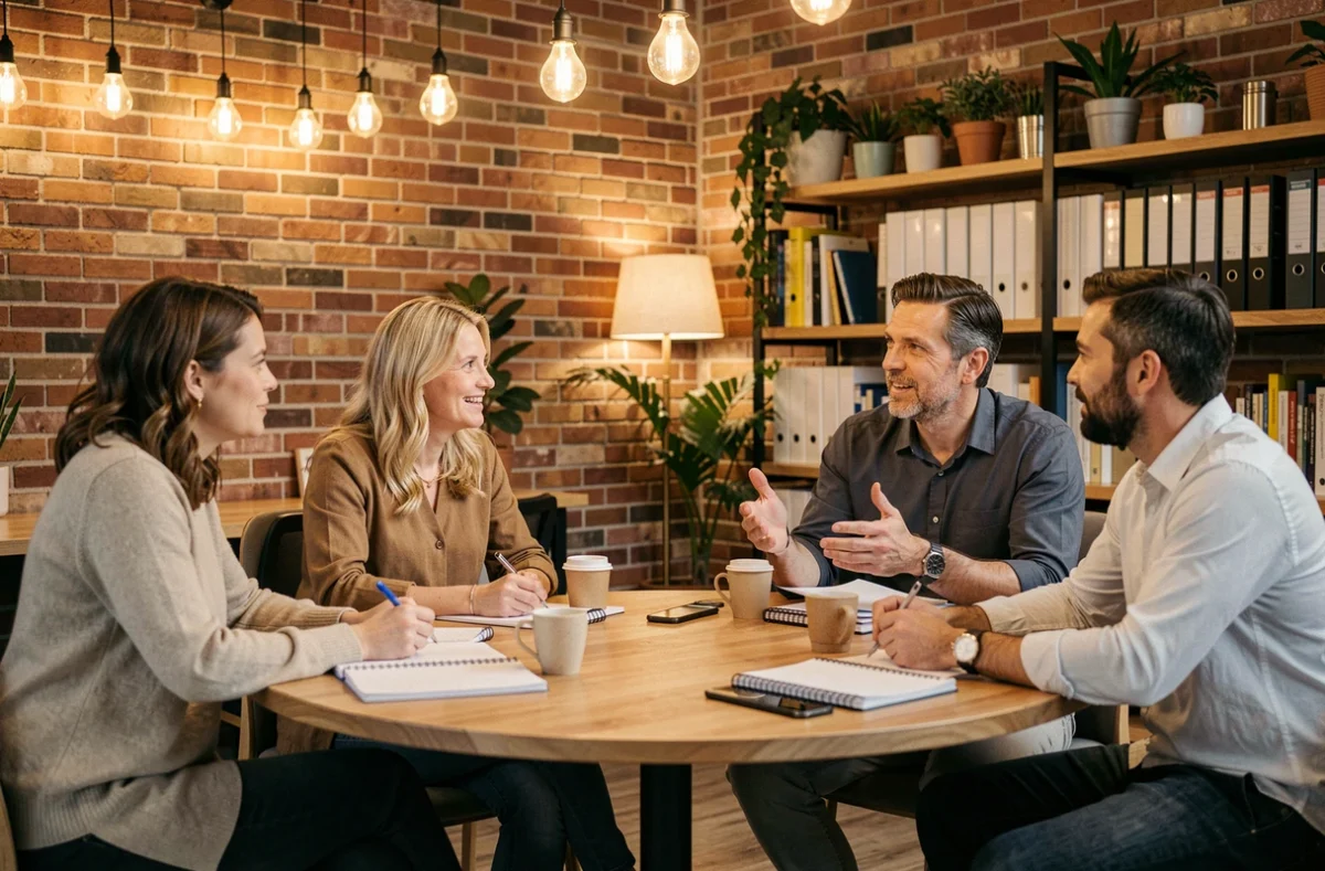 Groupe de professionnels en discussion collaborative autour d'une table, illustrant les bases d'une communication claire et respectueuse en équipe