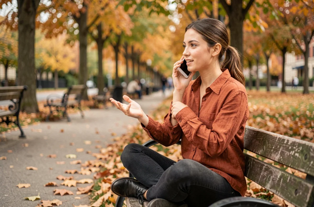 Jeune femme en communication par appel vidéo dans un parc urbain, symbolisant les échanges modernes et la clarté du message