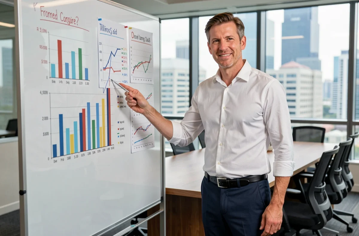 Consultant en analyse de données présentant des graphiques financiers dans une salle de réunion d'entreprise, symbolisant les compétences analytiques à haute valeur