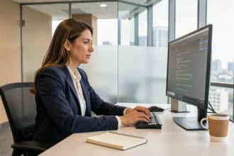 Femme développeuse experte analysant du code sur un grand écran dans un bureau moderne, illustrant les compétences numériques les mieux rémunérées
