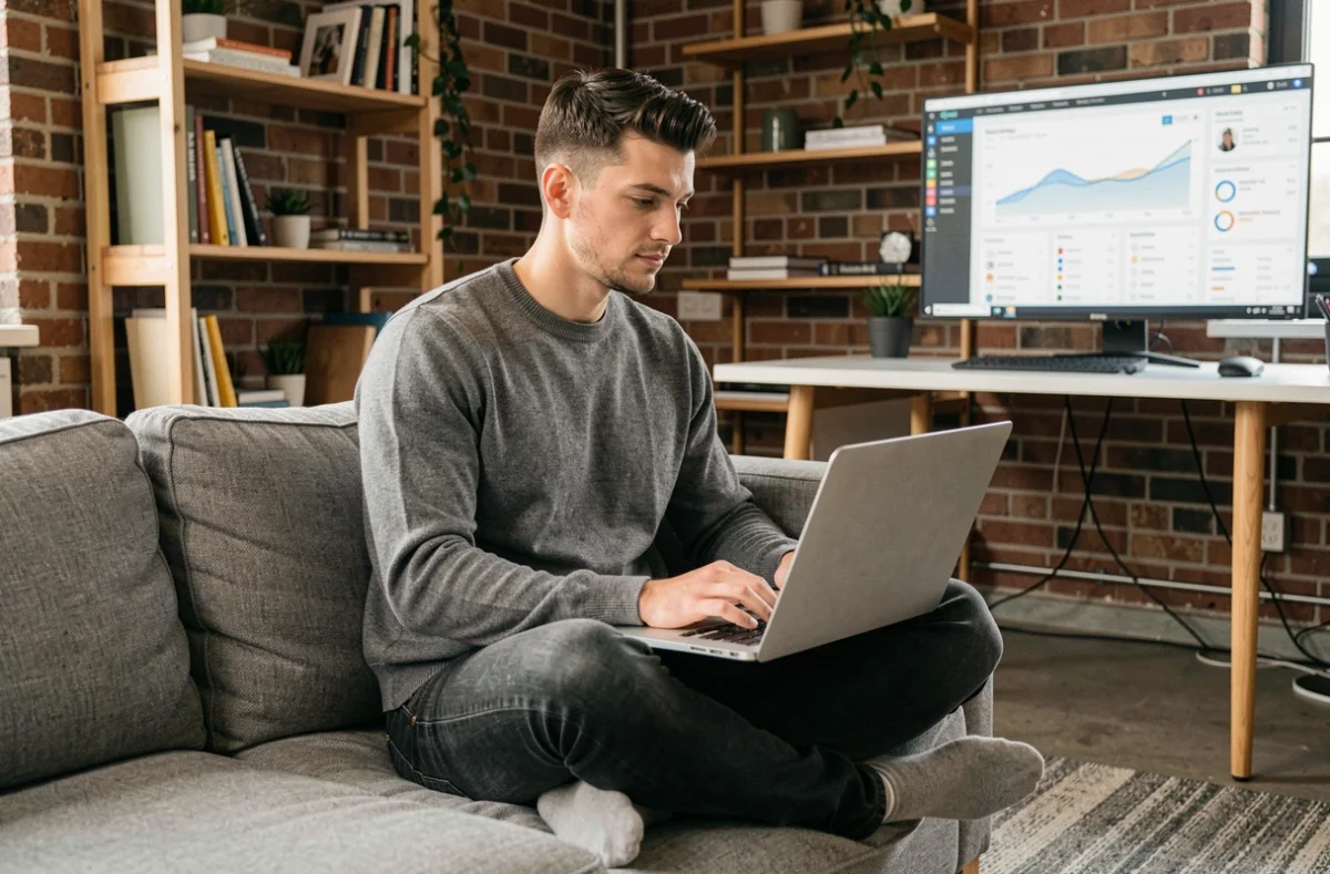Jeune freelance en marketing digital travaillant depuis son bureau à domicile sur une campagne en ligne, représentant les compétences indépendantes les plus lucratives