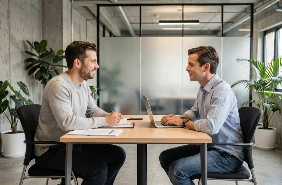 Homme en consultation de bilan de compétences avec un conseiller en évolution professionnelle dans un espace coworking