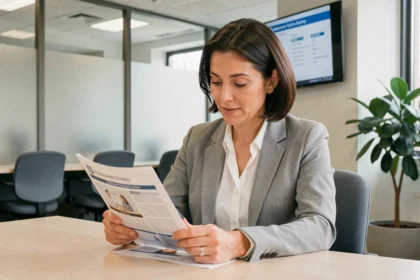 Femme demandeuse d'emploi consultant un catalogue de formations financées par des dispositifs publics dans une agence pour l'emploi