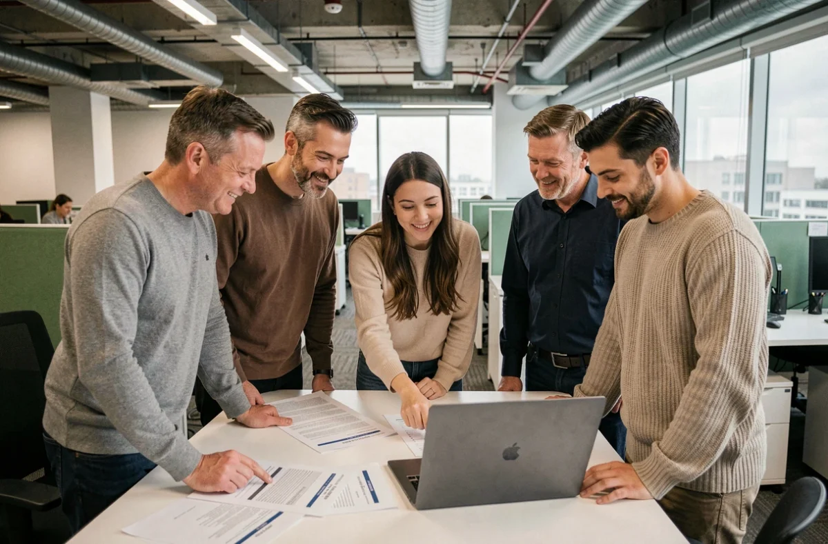 Équipe professionnelle diverse collaborant autour d'un bureau debout, illustrant la différence entre compétences acquises et traits naturels de leadership