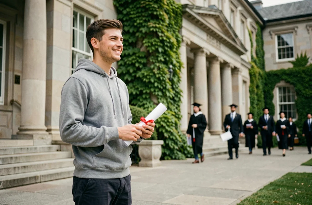 Jeune diplômé tenant son diplôme de licence devant un bâtiment universitaire
