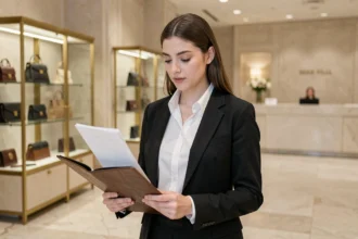Jeune femme diplômée en blazer noir tenant un portfolio en cuir dans le hall d'une maison de mode de luxe