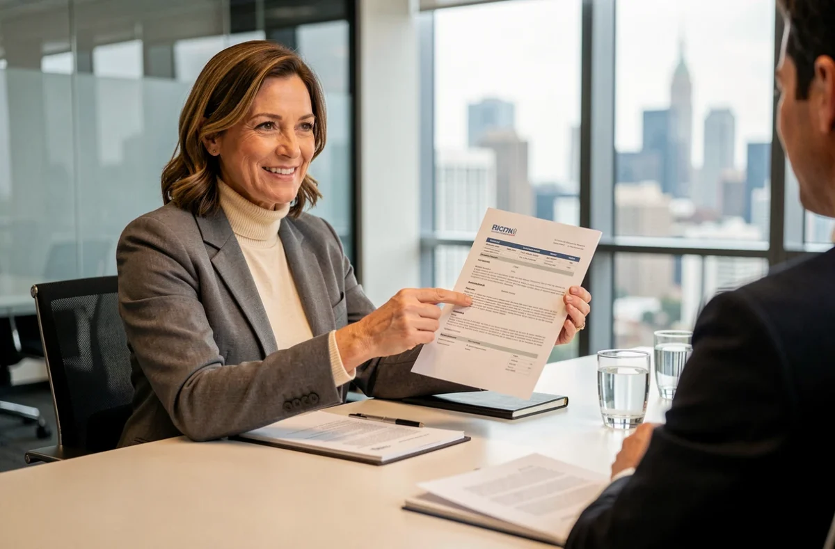 Femme en entretien d'embauche présentant son CV avec les niveaux de langue à un recruteur dans une salle de réunion moderne