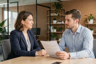 Responsable RH accompagnant un salarié lors d'un entretien individuel dans un bureau moderne face aux changements organisationnels
