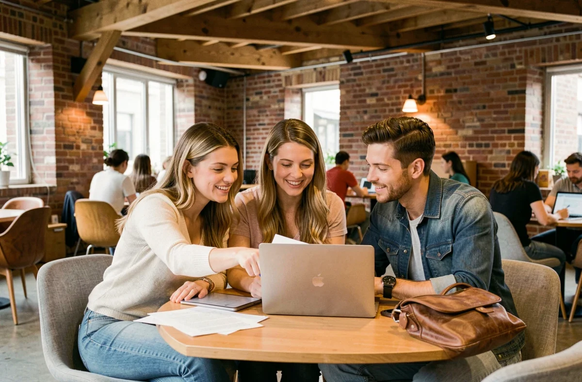 Équipe de collègues en télétravail collaborant ensemble dans un espace de coworking urbain et convivial